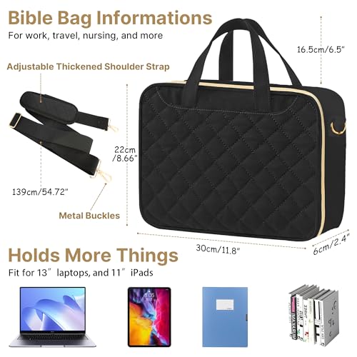 Bible Cover Case for Women, Large Quilted Bible Bag with Shoulder Strap and Handle, Bible Study Supplies Journaling Kit with Highlighters Pens No Bleed Tabs Notebook Cross Clips (Black)