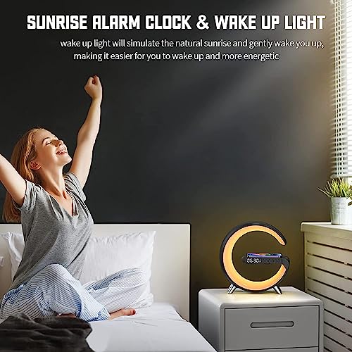 Smart Table Lamp with 4-in-1 Wireless Charger, Night Light, Bluetooth Speaker, Alarm Clock, App Control, Office, Bedroom, Home Decor (White)