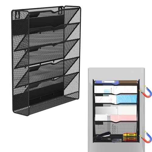 6-Tier Magnetic File Holder, Large Capacity File Cabinet Organizer, No-Drill Mount Hanging Magnetic Paper Holder for File Cabinets, Office, Whiteboard, Magnetic Mail Holder, Black