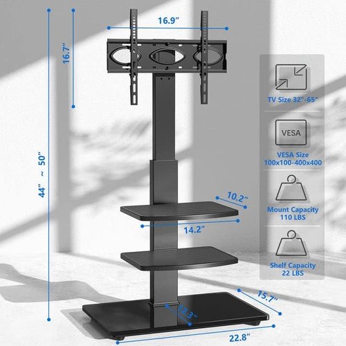Rfiver Swivel Floor TV Stand - VESA Mount for 32-70 Inch TVs | 3-Shelf Tall Design with Tempered Glass Base, Black