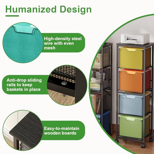 4 Drawers File Cabinet, Vertical Filing Cabinets, Rolling File Cart, Hanging File Folder Organizer with Wheels, Mobile Printer Stand Utility Craft Cart for Home Office,Black