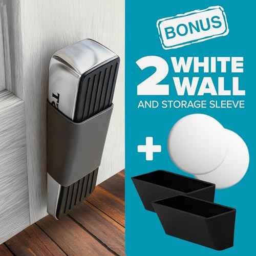 Strongest Home Heavy Duty Door Stopper Wedge (2 Chrome PCs) | Non-Slip Rubber and Metal Door Stop for Heavy Doors| Work on Wood, Tile, Carpet + 2 White Wall Protectors