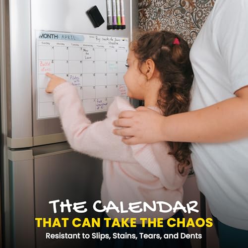 Quick Canary Magnetic Fridge Calendar - 17x12¡± Stain-Resistant Dry Erase Board - Starts Sunday, Strong Magnet, Organizes 2025 Family Events, Routines, Reminders - With 4 Markers & Eraser