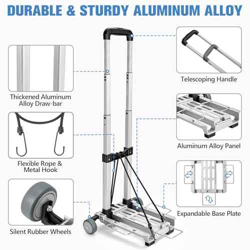 KEDSUM Mini Luggage Cart with Wheels Foldable, Lightweight Aluminum Trolley Cart with Wheels, Expandable Baseplate Foding Hand Truck Dolly, Small Backpack Portable Dolly for Airport Travel Moving Use