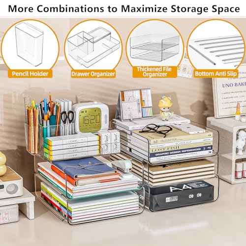 Paper Organizer Letter Tray - Acrylic Stackable Desk File Organizer with 5-Gird Tray and Pencil Holder, Clear File Organizer for Desk, Office Organizer for File Paper, Ipad, Letter, Small Item Etc