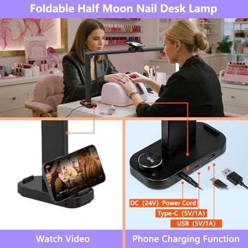 Large Nail Tech Lamp for Desk, 34 Inch Foldable LED Nail Arch Light with Phone Holder, Dimmable & 3 Colors Half Moon Light Table for Eyelash Extension, Manicure, Beauty, Tattoo - Black
