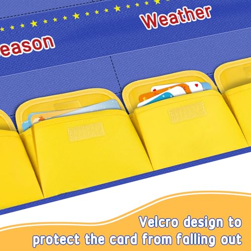 Blue Classroom Calendar Pocket Chart for Kids - Monthly Weather Seasons Learning Chart with 113 Cards | Teacher Must Haves for Kindergarten, Preschool, Homeschool | Interactive Educational Wall Chart