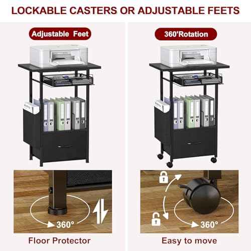 Mobile 3-Tier Printer Stand with 2-Drawer File Cabinet, 24 Extended Desktop & Lockable Wheels, Adjustable Rolling Cart for Home Office Storage (Black)