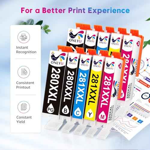 ONLYU Compatible Ink Cartridge Replacement for Canon 280 281 PGI 280 XXL CLI 281 XXL for PIXMA TR8520 TR7520 TS6120 TS6220 TS6320 TS8120 TS8220 TS9120 TS9520 TS9521C TS702 Printer (10 Pack)