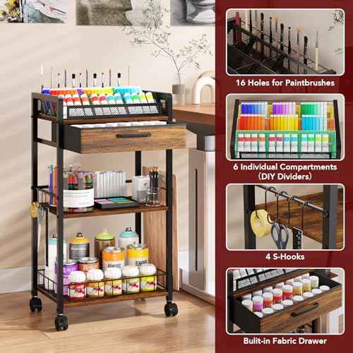 3 Tier Rolling Cart - Metal Utility Cart with Storage Drawer and Wheels, Versatile Art & Craft Organizer for Home, Office, or Studio Ideal for Storing Brushes, Paints, and Supplies Brown