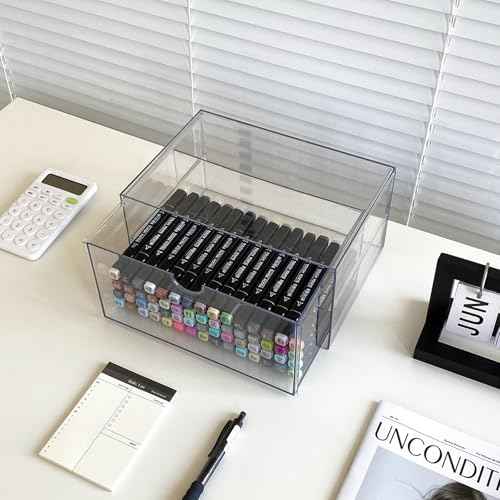 Clear Desk Organizers and Accessories, 2 Pack Plastic Drawer Organizer for Office Supplies, Marker Pen, Art Crafts, Stationery, Coffee Pods, Stackable Home Storage (2 Drawers)