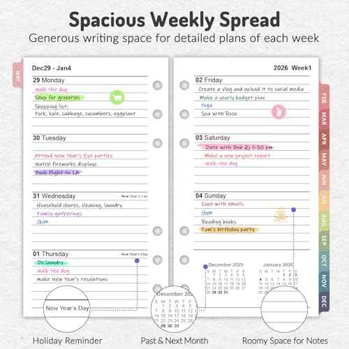 2026 Weekly & Monthly Planner Refills for A6 6-Ring Binders, Nov 2025 - Dec 2026, Forvencer 6-Hole Punched Planner Inserts with Colorful Monthly Tabs, Pocket Calendar Organizers, 3-3/4" x 6-3/4"