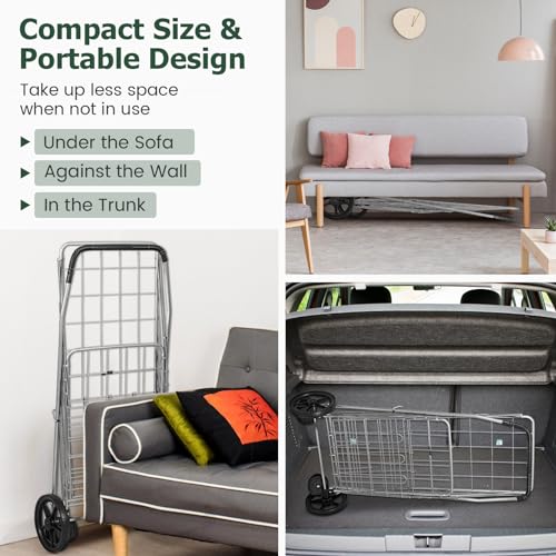 Byroce Folding Shopping Cart, Jumbo Grocery Cart on Wheels w/Double Basket, Portable Handle & Rolling Swivel Wheels, Heavy Duty Utility Cart for Groceries Laundry Book Travel Luggage (Silver)