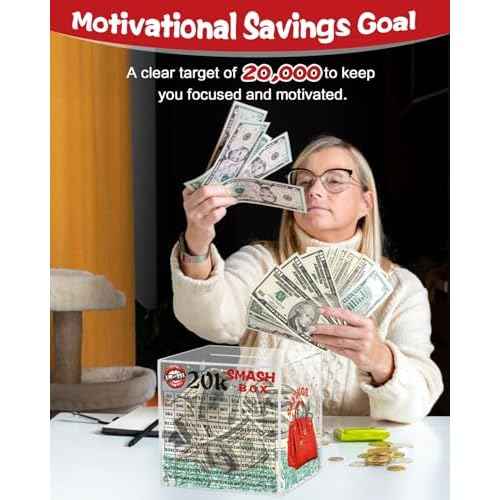 20k Smash Box for Money, Large Piggy Bank for Adults 20000 Savings Challenge Box, Money Saving Box for Cash, Big Unbreakable Clear Acrylic Money Saver Must Break to Open