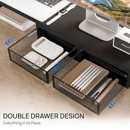 ZIFTY Dual Monitor Stand Riser with 2 Drawer and Smartphone Holder, Desk Organizer for 3 Monitors, Adjustable Length & Angle Workspace Organizers for Monitors Laptop Printer Computer, Black