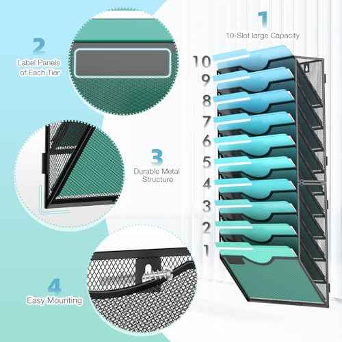 10-Tier Wall File Organizer Hanging Wall File Holder Wall Mount Paper Folder Organize, Mesh Magazine Document Mail Organizer Wall Organizer for Office School Home, Black