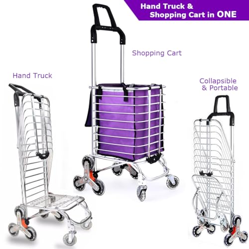 Stair Climbing Shopping Cart for Groceries & Hand cart 2-in-1, Lightweight Utility Cart with Waterproof Liner, Elastic Cord for Luggage,Laundry,Camping,Transport £¬35L (Silver+)