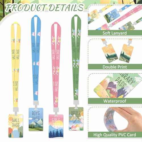 8 Set PVC Hall Pass Lanyards Mountains Unbreakable Hall School Passes Teacher Supplies for Classroom Elementary Middle School Bathroom Library Office Nurse