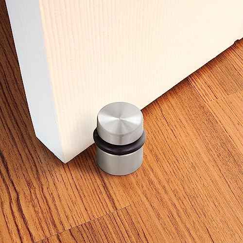 2-Pack Modern Cylindrical Floor Mounted Door Stops with Rubber Bumper, Satin Nickel, Heavy Duty Brass Construction ? Design House, 189332-SN