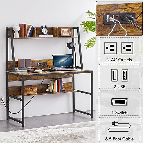 Yaheetech 47 in Modern Computer Desk with Power Outlets and 2 USB Ports, Home Office Study Writing Desk with Hutch and Bookshelf, Large Workstation Gaming Table with Charging Station, Rustic Brown