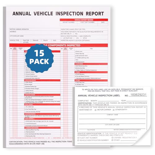 REKZOWN 15-Pack Annual Vehicle Inspection Report Forms with 3-Ply Carbonless Paper & FMCSA Labels