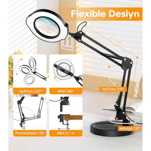 10X Magnifying Glass with Light and Stand, 2 in 1 Real Glass Lens Magnifying Desk Lamp, 5 Color Modes, Brightness Stepless Dimmable LED Lighted Magnifier Hands Free for Repair Craft Close Work