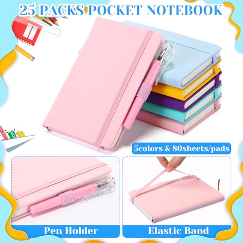 Sayglossy 25 Pack Pocket Small Notebook Journals with Pen 5.6'' x 3.7'' Mini Journaling Notepads A6 Ruled Journals Hardcover Lined Notebook Bulk with Pen Holder for Office School Memo(Macaron Colors)
