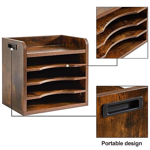 YMYNY Desktop File Organizer with Handle, Document Letter Mail Tray Sorter with 3 Adjustable Shelves, 5 Tiers Paper Holder for School Home Office Desk, Rustic Brown,13.4 * 12.4 * 9.06" UHBC006H