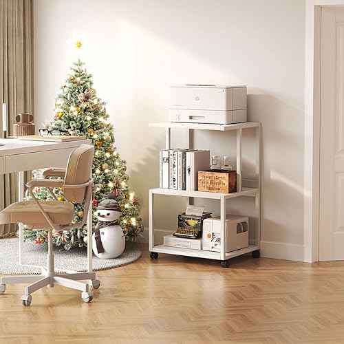 Mexin White 3 Tier Printer Table with Wheels, Industrial Rolling Cart with Storage Shelf for Scanner Fax, Home Office Use, 17.5 x 11.8 Inches