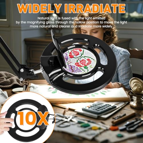 10X Long Magnifying Glass with Light, 2200 Lumen & 24W Stepless Dimming LED Magnifying Lamp with Clamp, Adjustable Swing Arm Lighted Magnifier Light, Hands Free Craft Lamp for Hobby Repair Reading