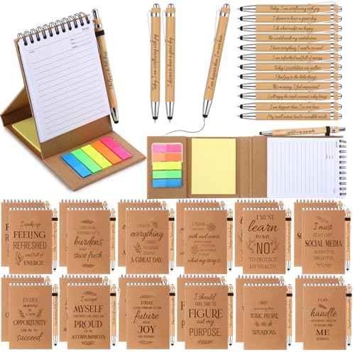 Pasimy 24 Set/48 Pcs Christmas Employee Appreciation Gifts Bulk Positive Affirmation Spiral Notebooks with Sticky Notes and Bamboo Pens 60 Sheets for Women Men Office School Holiday, 3.9 x 5.9 Inches
