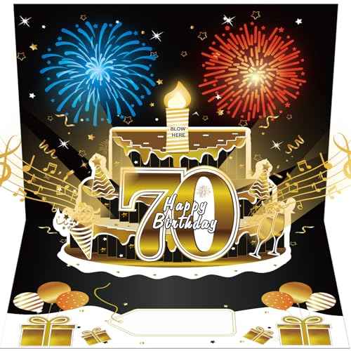 70th Birthday Cards Pop Up 3D Cake - Firework & Music & Blow Out Candle Light Funny Happy 70 Black Gold Birthday Card Gifts for Men, Women, Friends, Boyfriend, Dad, Mom, Husband, Wife