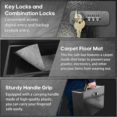 YIYITOOLS Fireproof Lock Box for Documents, Fire Resistant Safe Fire Safe Box with Dual Combination and Key Lock Document Box with Carrying Handle for Personal Items Jewelry Money, Black