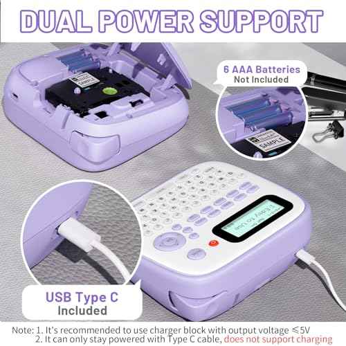 Label Maker Machine with-Tape Waterproof, Purple Desktop Label Maker for Teachers Kids Classroom Gifts, Portable Labeler with Multiple Symbols &Fonts for Home Office School Use, D210S