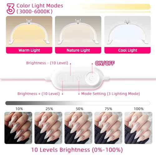 2025 Upgraded Half Moon Light for Nail Desk,29" Foldable Nail Tech Lamp Manicure Nail Desk Lamp 364LED Ultra-bright,with Phone Holder,10 Brightness,Portable Half Moon Lamp for Beauty/Eyelashes/Tattoos