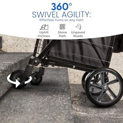SereneLife Large Folding Utility Shopping Cart with Removable Liner – Black, 110 lb