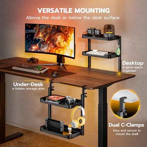 ARES WING 2-Tier Clamp On Desk Shelf, 16 inch Adjustable Above or Under Desk Storage Shelves Holds 44 lbs, Heavy Duty Desktop Organizer with Headphone Holder for Working and Gaming Accessories, Black