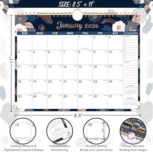 2026 Calendar - Wall Calendar 2026, JAN.2026 - DEC.2026, 8.5" x 11", 2026 Wall Calendar with Twin-Wire Binding, Hanging Hook, Unruled Block - Engraved Art Floral