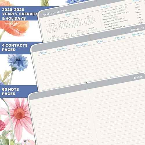 2026-2028 Pocket Calendar - Pocket Planner from Jan. 2026 to Dec. 2028, 3 Year Clendar Monthly Planner 2026-2028, 6.3" x 3.7", 60 Note Pages, Pen Holder, Pockets - Flowers