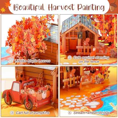 Teling 3D Fall Thanksgiving Pop up Card Thank You Greeting Card with Envelope Hello Autumn 9" x 6.3" Cover Handcrafted Cozy Autumn Farmhouse with Maple Tree Pumpkin Squirrel Thinking of You Gift