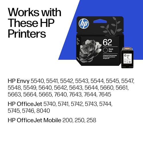 HP 62 Black Ink Cartridge for Envy, OfficeJet, Mobile Printers - C2P04AN