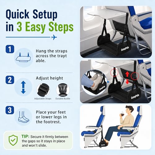 1 Pack CampPole Airplane Foot Hammock No-Collapse Foot Rest - Adjustable Travel Foot Rest