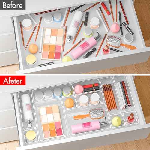 Clear Plastic Drawer Organizers Set of 45 Vanity Organizers Stackable Storage Bins Dividers Bathroom Organizers Storage Vanity Organizer Bins for Makeup, Kitchen Utensils, Jewelries, Office