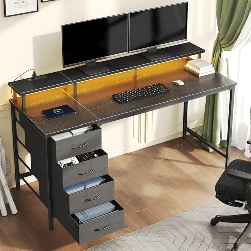 DUMOS 40-Inch Black Gaming Computer Desk with Reversible Drawers & RGB LED, Home Office