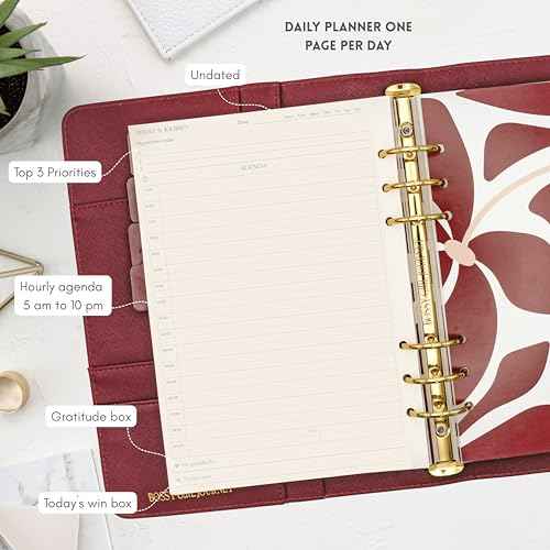 Bossy Girl Journey - A5 Daily Planner Binder ? Undated Time Blocking Refillable Organizer for Women with 110gsm Paper, PU Leather Cover, Stickers, Dividers, Pen Loop, Gift Box ? Goal Setting & Productivity (Granate)