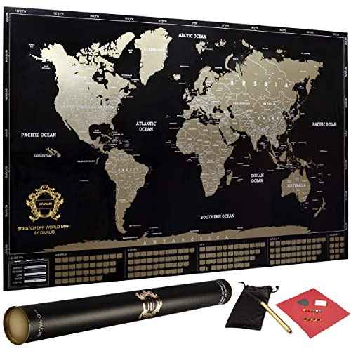 Detailed Scratch off World Map Poster - XL - Black and Gold Scratchable World Map - Glossy, Laminated Travel Poster - Full Accessories Kit - Best Gift Scratch off Map of the World By Divalis