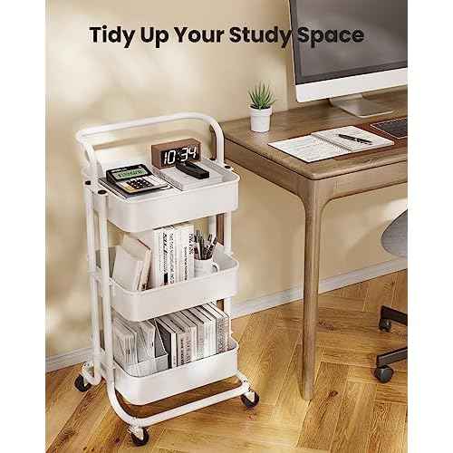 Pipishell 3 Tier Mesh Utility Cart, Rolling Metal Organization Cart with Handle and Lockable Wheels, Multifunctional Storage Shelves for Kitchen Living Room Office White