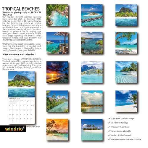 2026 Wall Calendar,Calendar 2026, November 2025 - December 2026, Wall Calendar Tropical Beaches, 12" x 24" Opened,Full Page Months Thick & Sturdy Paper for Calendar Organizing & Planning