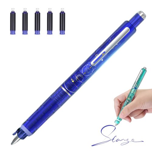 Fountain Pen Retractable,Blue&Black Ink Transparent Barrel Includes 5 Refillable Ink Cartridgesb,0.38mm Medium Nib Transparent Barrel for Smooth Writing No Leaking (Dark Blue, Blue (erasable))