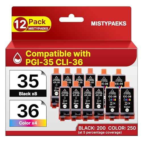 12Pack PGI-35 CLI-36 Ink Cartridges Black and Color Value Pack Replacement for Canon 35 36 Ink Cartridges Compatible with Canon Pixma TR150 TR160 iP110 iP100 MINI260 MINI320 Printers (8 Black,4 Color)